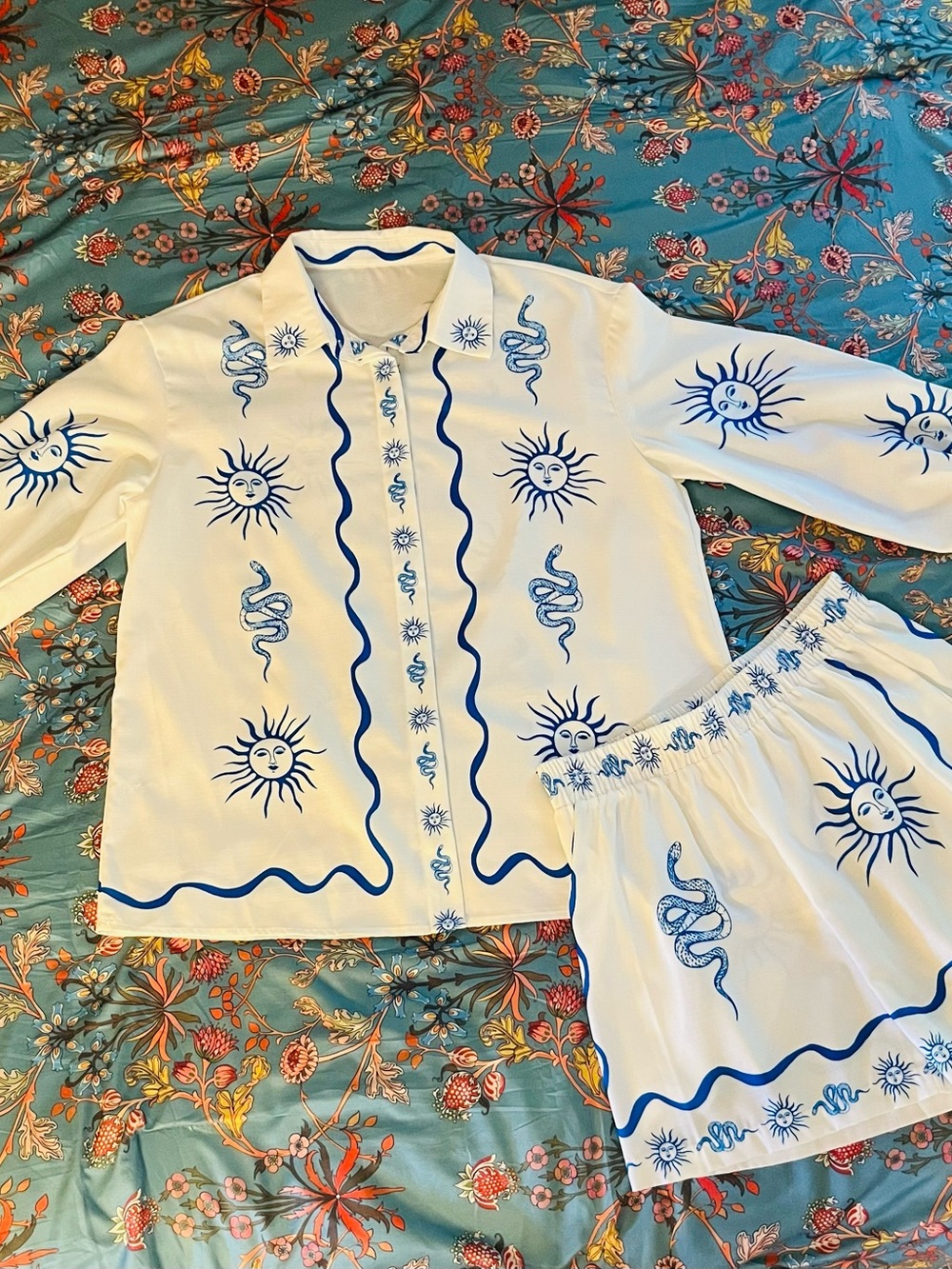 Women's White Shorts Set with Blue Sun & Snake Motifs